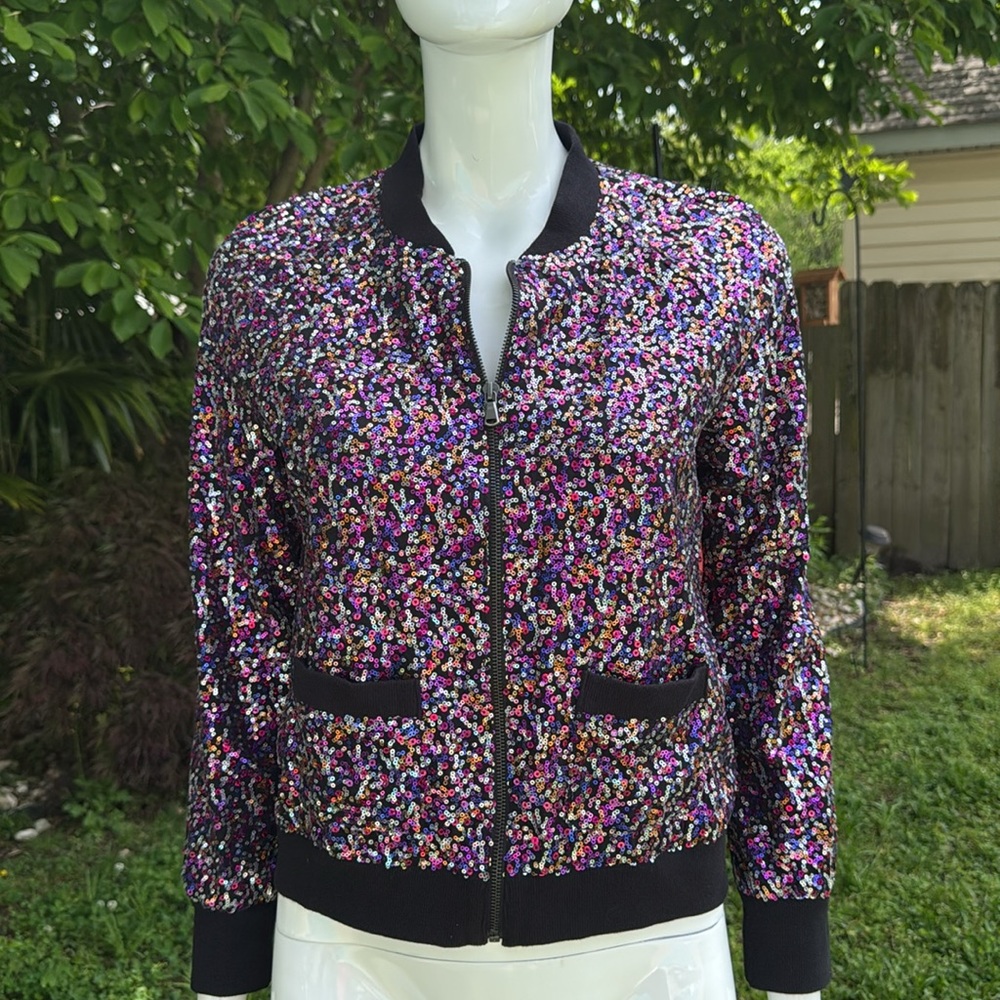 Girls Night Out Y2K Disco Purple Black Pink Sequins Heartbreaker Bomber Jacket